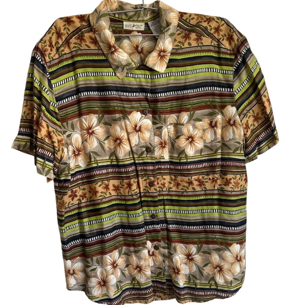 White‎ SLag Vintage Island VIbes button down womens FLoral and Stripes Large